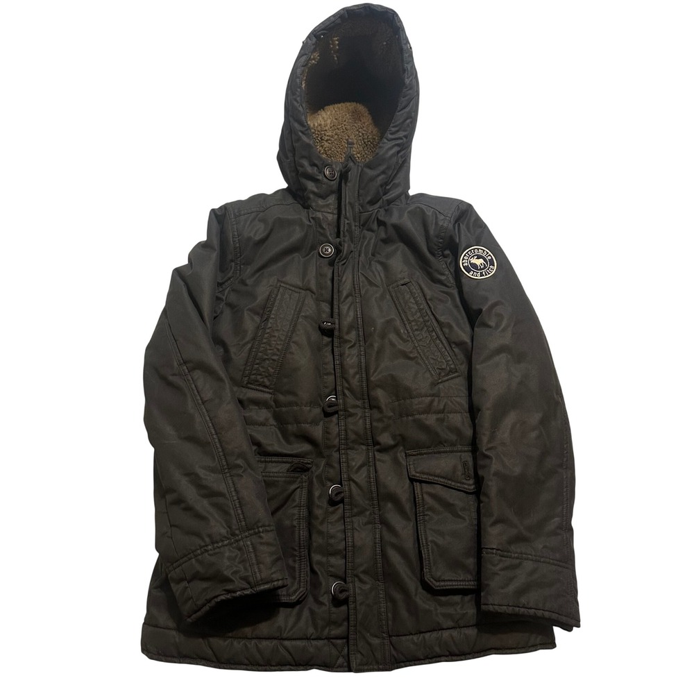 Abercrombie Parka Kids 15/16 Black Zip Sherpa Hooded Outdoor Winter Jacket Coat